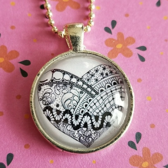 Zentangle necklace heart bubble silver tone ball chain artsy - Picture 1 of 8